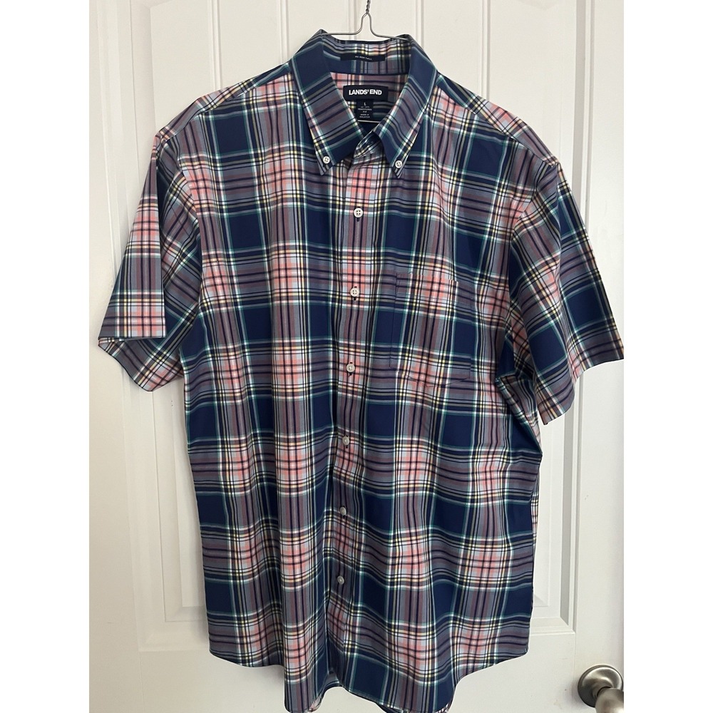 Lands' End Short Sleeve No Iron Twill Traditional Fit Button Shirt Large 787